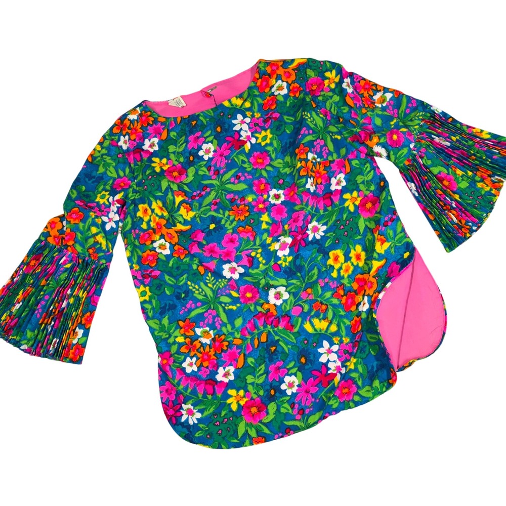 Vintage Top Joy Stevens Floral Blouse Pleated Medium Bell Sleeves Mod Retro 60s